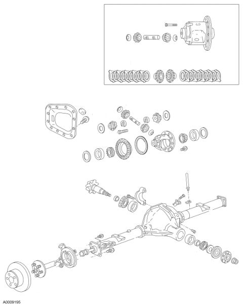 2007 Ford Mustang - Exploded parts breakdown of a rear axle and differential showing ring gear, carrier, bearings and axle shafts.