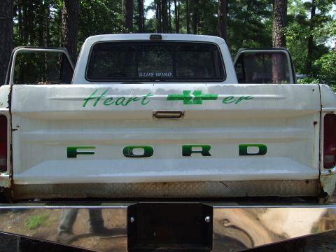 1979 Ford F-250 - Rear view of a 1979 Ford F-250 pickup truck, showing the tailgate with custom green lettering.