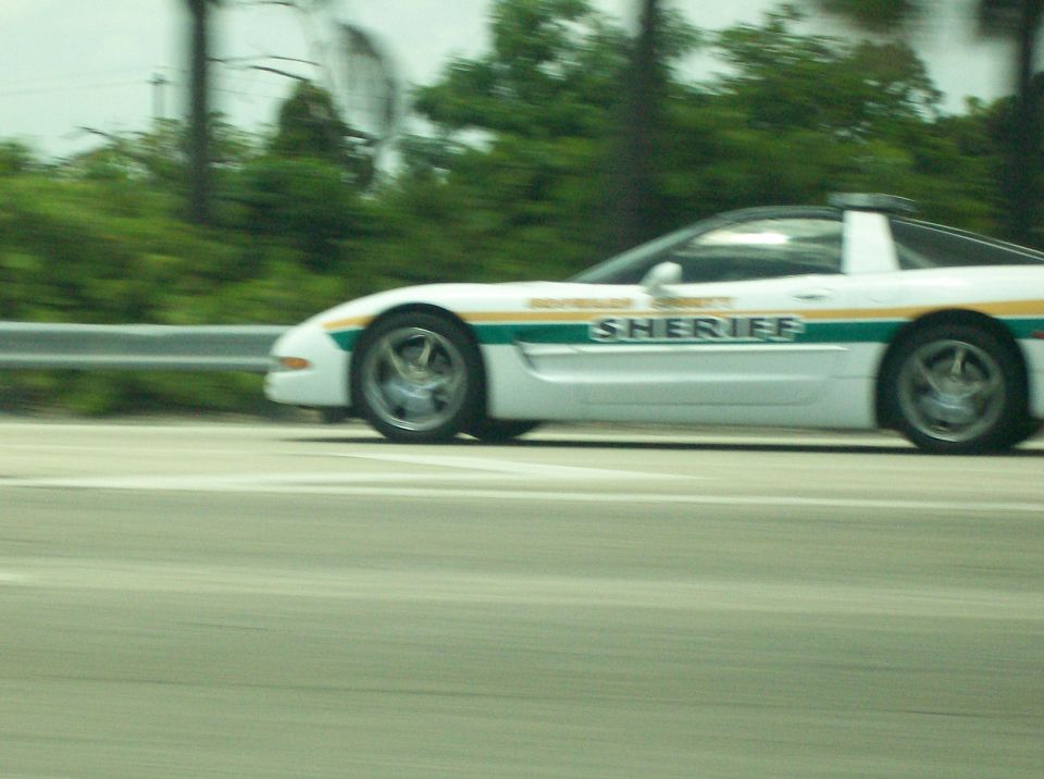 White sheriff car with green and gold stripes on the side, driving on a highway