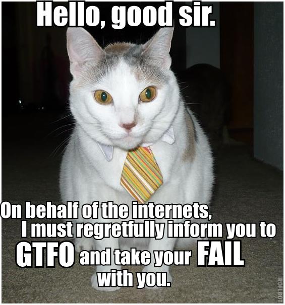 Cat wearing a striped tie and collar, with text overlay