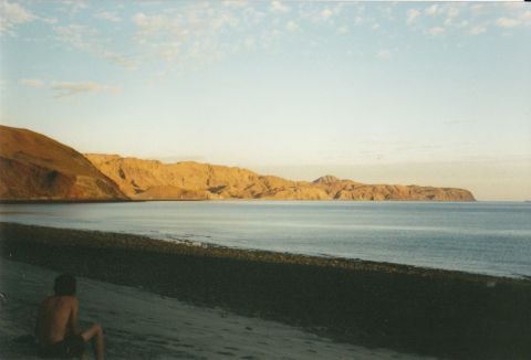 1994 Ford Bronco - A person sits on a beach, looking out at the water and distant hills under a partly cloudy sky.