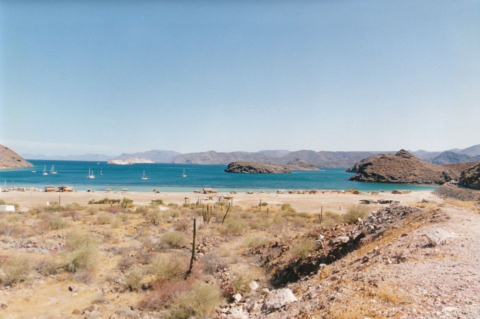 Desert landscape with a bay, sailboats, and sparse vegetation