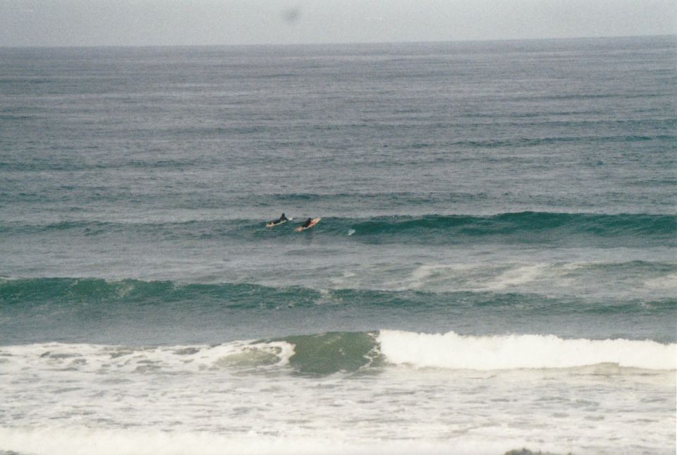 Two surfers on surfboards in the ocean with waves