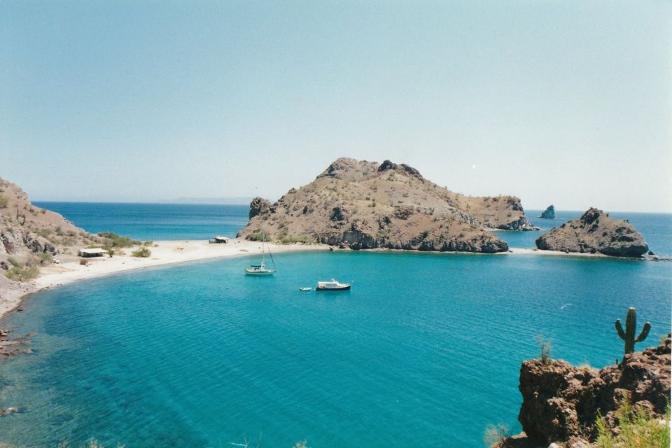 Coastal bay with two boats, rocky islands, and a cactus in the foreground