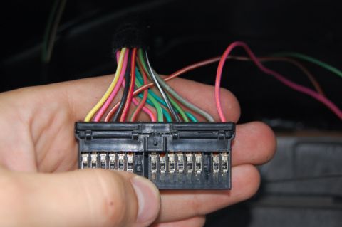 1985 Mercury Grand Marquis - A hand holds a black wiring harness connector with numerous colored wires leading into it.