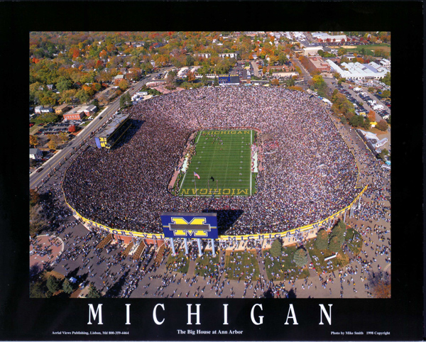 Aerial view of Michigan Stadium, known as The Big House, packed with spectators