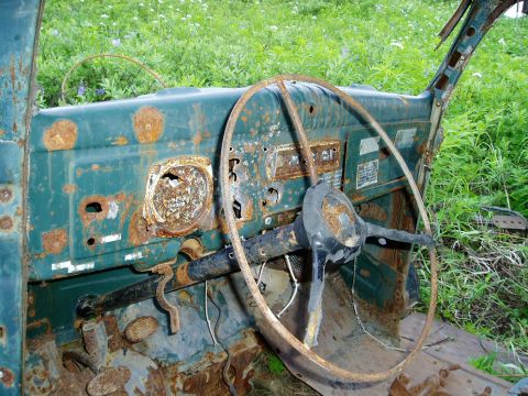 2000 Ford E350 - The interior of a heavily rusted vehicle, showing the dashboard and steering wheel against a backdrop of green foliage.