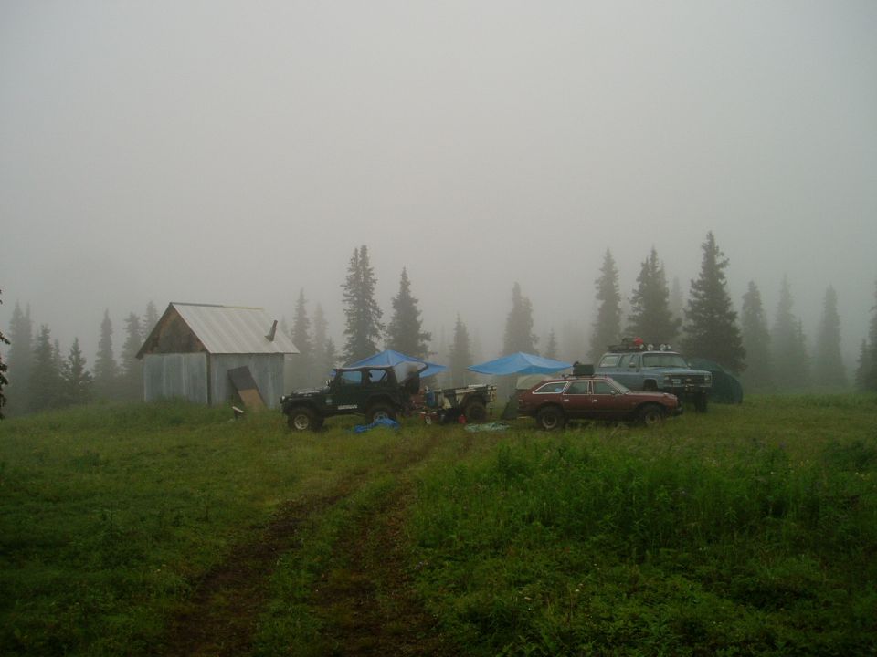 Several vehicles parked in a grassy field near a small cabin, with trees in the background and fog obscuring the sky