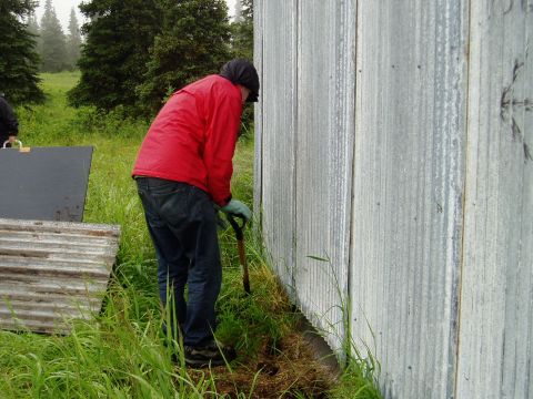 2000 Ford E350 - A person digs near the base of a corrugated metal structure in a grassy, wooded area.