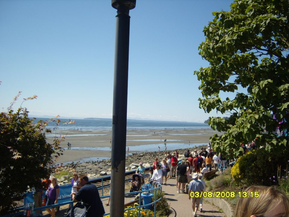 People walking on a path by the ocean with a tall pole in the foreground.