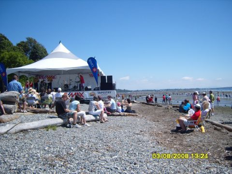 1989 Ford Bronco - A large outdoor event is taking place on a sunny day with a stage set up under a white tent. A band is performing on stage while a crowd of…