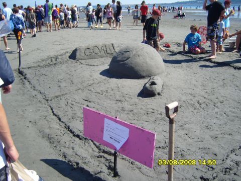 1989 Ford Bronco - A group of people are gathered on a sandy beach, with a large sand sculpture of a turtle and the word "GOAL!" visible in the foreground. A…