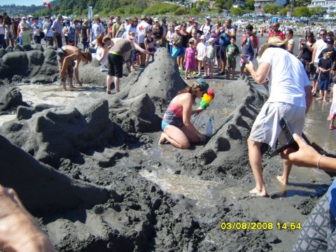 1989 Ford Bronco - A crowd of people are gathered on a beach, many are working on a large sandcastle. The date stamp "03/08/2008 14:54" is visible in the lowe…