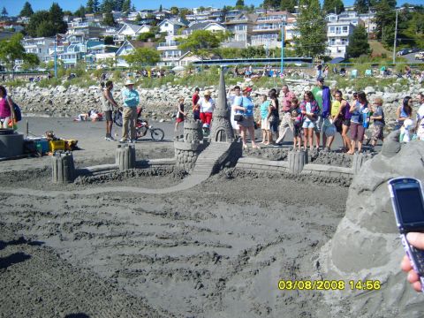 1989 Ford Bronco - A large sandcastle is the main focus of this beach scene, with a crowd of people observing it. The date stamp "03/08/2008 14:56" is visible…