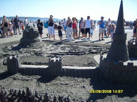 1989 Ford Bronco - A large sandcastle is displayed on a beach with many people watching. The sandcastle is elaborate, featuring towers, walls, and a carved fa…