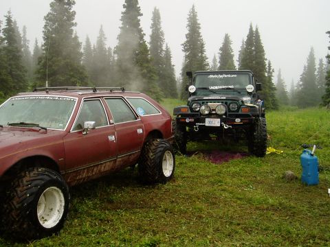 2000 Ford E350 - A dark green Jeep Wrangler with off-road tires and a red station wagon with large tires are parked on a grassy field with a forest in the b…