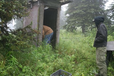1990 Chevrolet Suburban - Two people are near an old wooden privy in a grassy, wooded area on a foggy day.