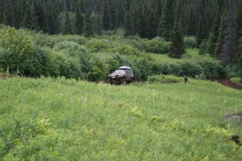 1990 Chevrolet Suburban - A tan SUV with a roof rack is stuck in mud in a grassy field with a dense forest in the background. A person is standing in the field to th…