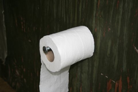 1990 Chevrolet Suburban - A roll of toilet paper is mounted on a metal holder on a rustic, dark green wall.