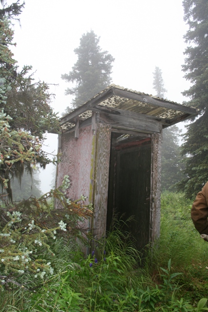 1990 Chevrolet Suburban - An old, weathered wooden outhouse stands in a misty, overgrown forest setting. The structure has a corrugated metal roof and a faded pink e…