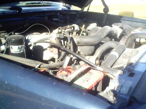 1992 Ford Bronco - Close-up view of the engine bay, showing the battery and various hoses.