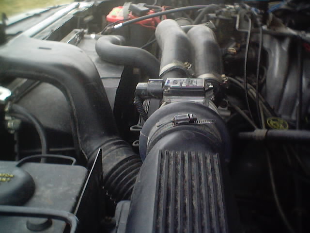 Engine bay view of air intake tube, hoses and mass air sensor under hood