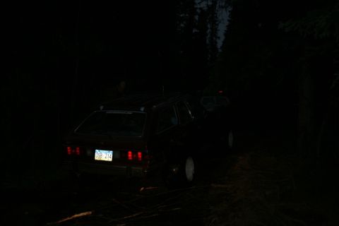 1990 Chevrolet Suburban - A dark, low-light photo shows the rear of a dark-colored station wagon parked on a dirt path in a wooded area. The license plate reads "DSB…