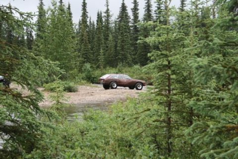 1990 Chevrolet Suburban - A brown station wagon is parked on a gravelly shore next to a body of water, surrounded by dense evergreen trees.