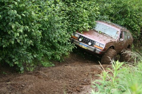 1990 Chevrolet Suburban - A brown, mud-covered station wagon is stuck in a muddy ditch, partially obscured by dense green foliage. The vehicle's tires are caked in m…