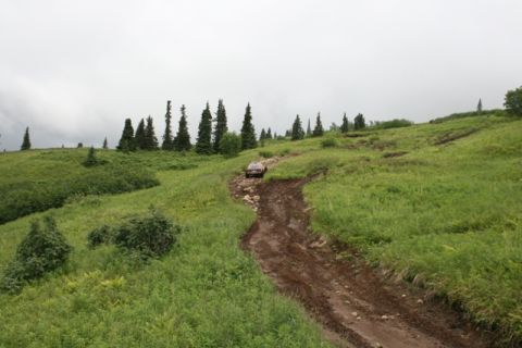 1990 Chevrolet Suburban - A red SUV navigates a muddy, off-road trail winding up a grassy hillside dotted with evergreen trees under an overcast sky.