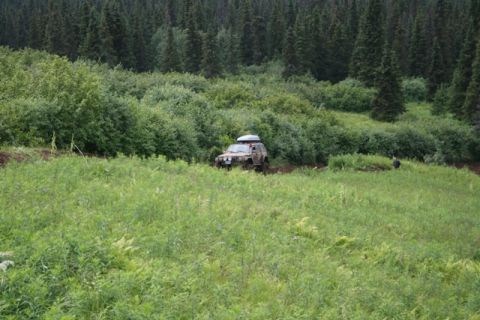 1990 Chevrolet Suburban - A tan 1990 Chevrolet Suburban is driving off-road through a grassy, wooded area. The vehicle has a roof-top cargo carrier and appears to be…