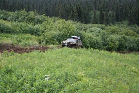 1990 Chevrolet Suburban - A tan SUV with a roof-top cargo carrier is parked on a dirt path surrounded by lush green vegetation and trees.