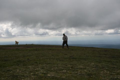 1990 Chevrolet Suburban - A person and a dog stand on a grassy hilltop under a cloudy sky, overlooking a distant landscape.