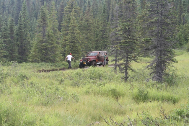 Red Jeep Wrangler stuck in mud on a forest trail with a man standing nearby.