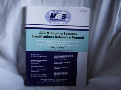 2007 Ford Mustang - Photo of the MACS A/C & Cooling Systems Specifications Reference Manual cover listing specification topics.