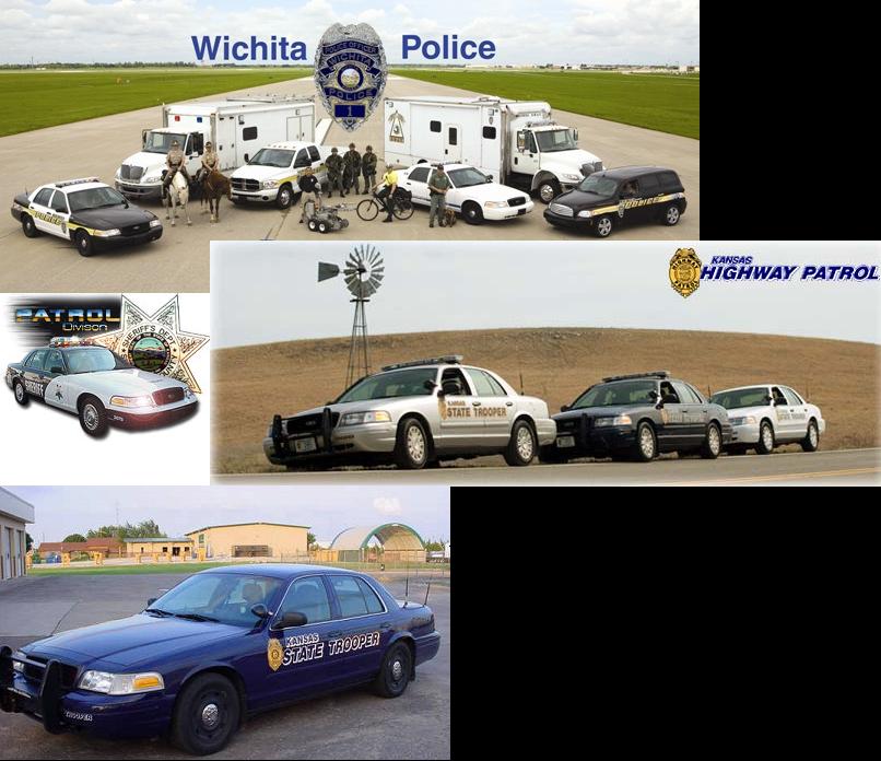 Police cars and officers from Wichita PD and Kansas Highway Patrol are shown in various settings
