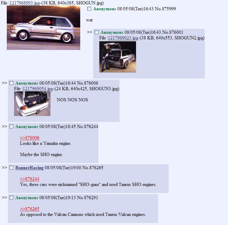 Imageboard screenshot about SHOgun Festiva with mid-mounted Taurus SHO V6 engine swap