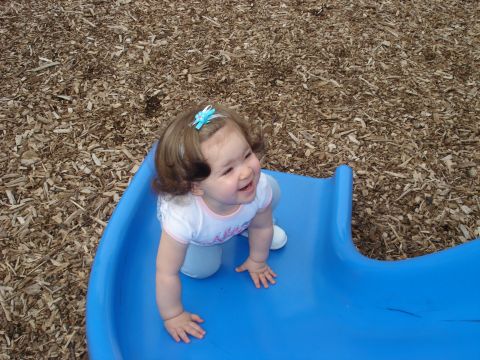 2000 Ford Crown Victoria - A happy baby is about to go down a blue slide at a playground.