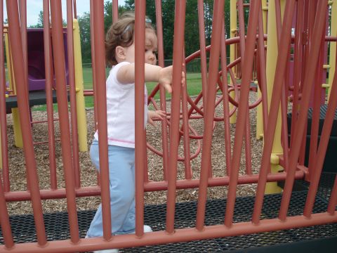 2000 Ford Crown Victoria - A young child stands behind red bars on a playground, reaching out with one hand.
