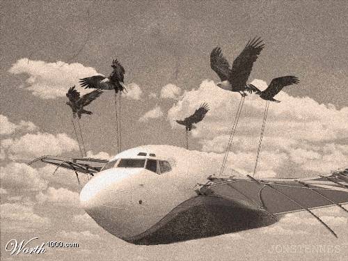 Eagles flying around a damaged airplane cockpit and wings in the sky.