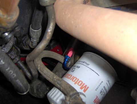 1978 Ford Bronco - A close-up view of the engine bay shows a Motorcraft oil filter and braided hoses connected to an engine component.