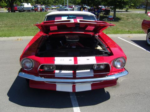 2007 Ford Mustang - Classic red car with racing stripes and open hood at a car show.