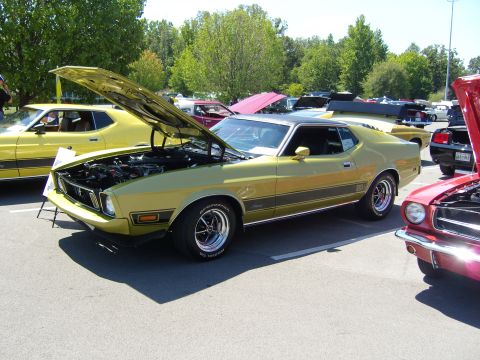 2007 Ford Mustang - A gold 1971 Ford Mustang Mach 1 is displayed with its hood open at a car show, alongside other vehicles.