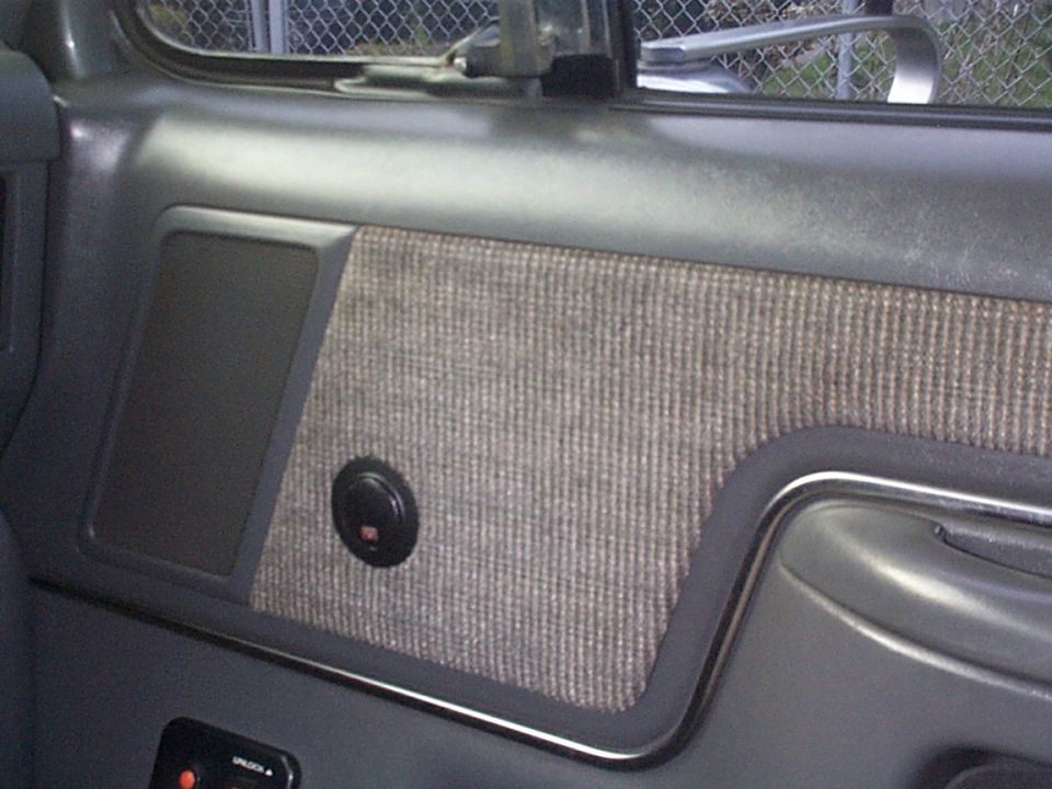 Close-up of a car's interior door panel with fabric insert and speaker grille