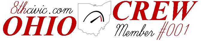 Document with text '8thcivic.com OHIO CREW Member #001' and an outline of Ohio with a speedometer