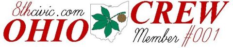 1999 Ford Taurus - Graphic reads "8thcivic.com OHIO CREW Member #001" with a buckeye leaf and nut on the Ohio state outline.