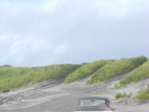 1993 Ford Bronco - A 1993 Ford Bronco navigates a sandy terrain under a cloudy sky.