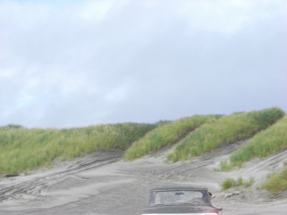 1993 Ford Bronco driving on a sandy dune with grass on top