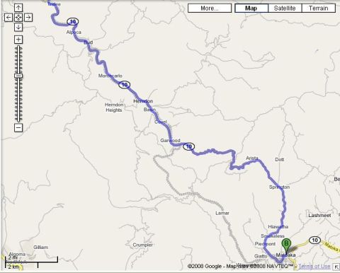 1985 Ford LTD Crown Victoria - Screenshot of a 2008 Google Maps route view with a purple highlighted path tracing State Route 10 through West Virginia towns including Mat…