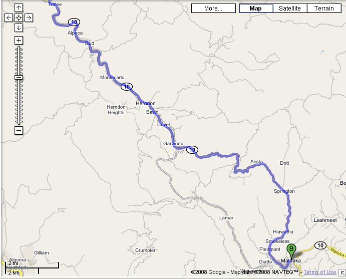 Google Maps screenshot showing a highlighted Route 10 driving path through West Virginia towns